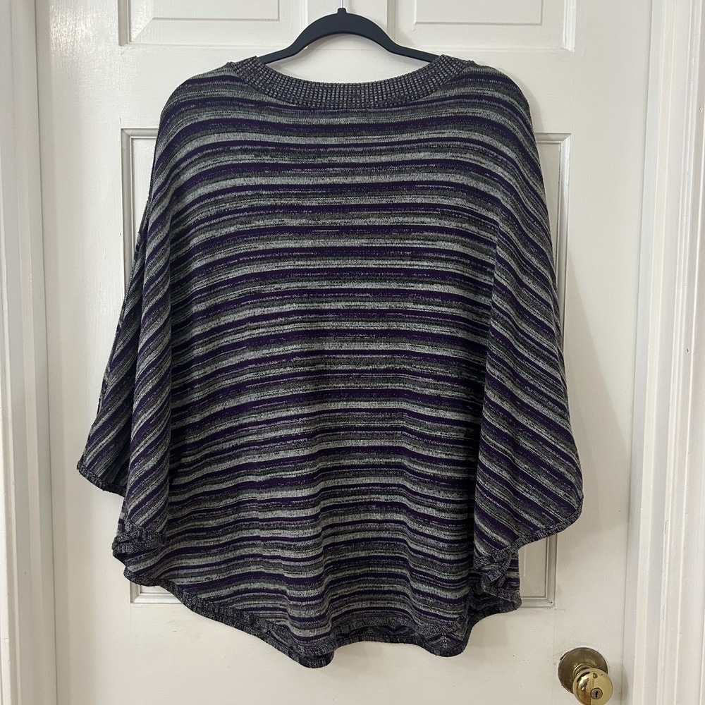 AB Studio Poncho Cape XL Gray‎ Plum Knit Herringbone Boho Crew Neck Oversize - Picture 2 of 4